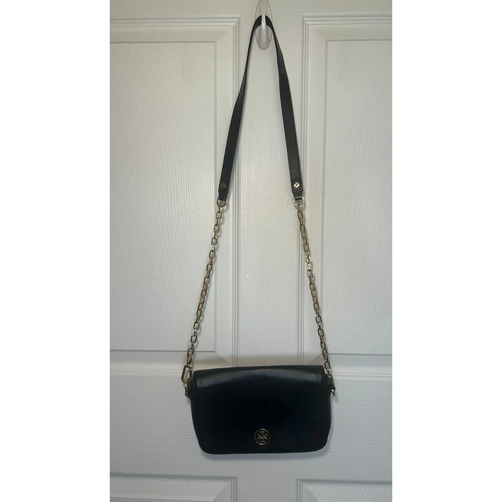 Tory Burch Robinson Black Saffiano Leather Chain Flap Crossbody Shoulder Bag‎